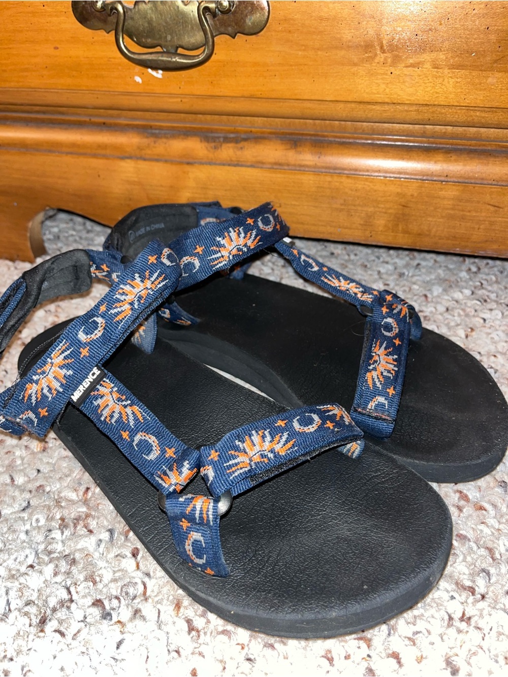 Navy Blue Strap Sandals with Orange Sunburst Pattern